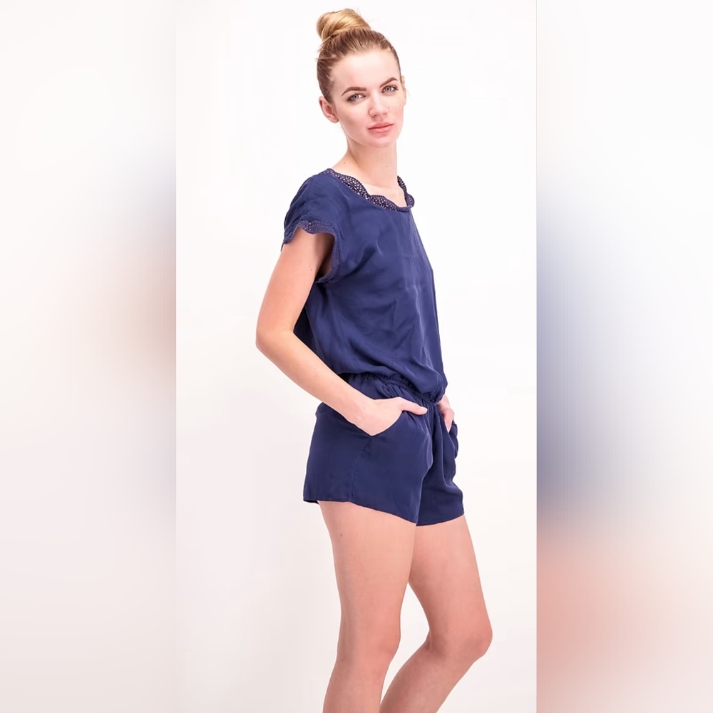 Revolve X Joie Romper Paola Blue Silk Crochet Trim Short Sleeve Slouchy Fit XXS - Picture 4 of 16